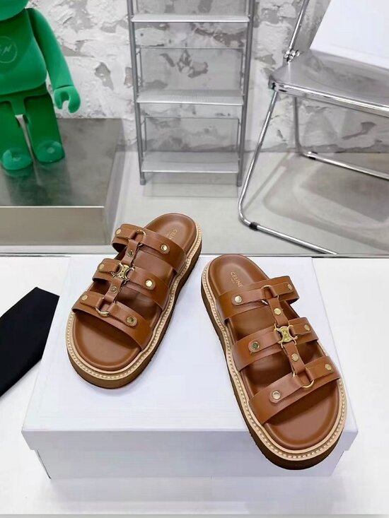 Celine Triomphe Slides - Overstock - 44159616 Celine Tan Leather Triomphe Gold Hardware Flat Slides